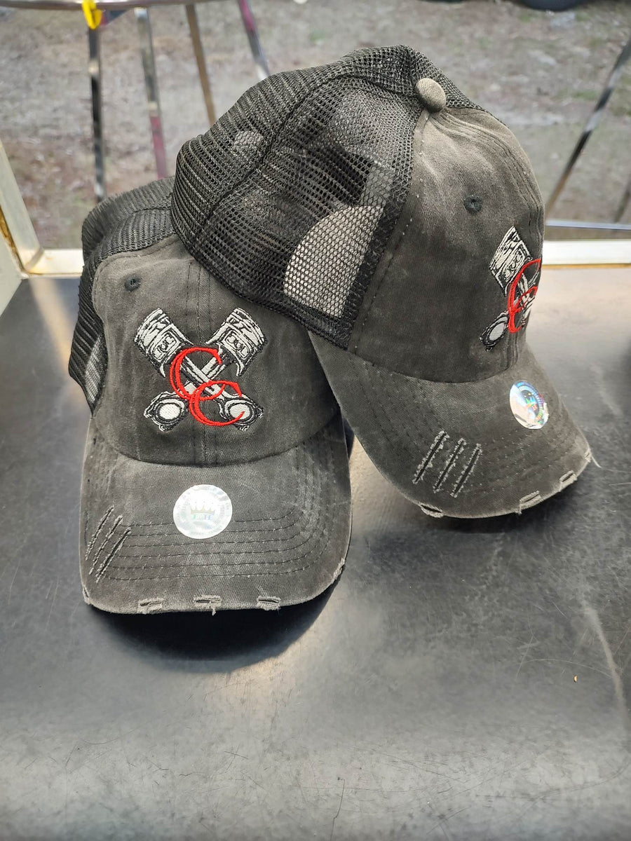 Distressed Piston Hat Black with Red Car Chix