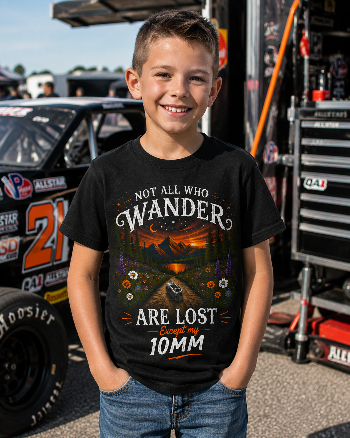 Boy wearing Not All Who Wander Are Lost Except My 10mm youth racing T-shirt by Car Chix