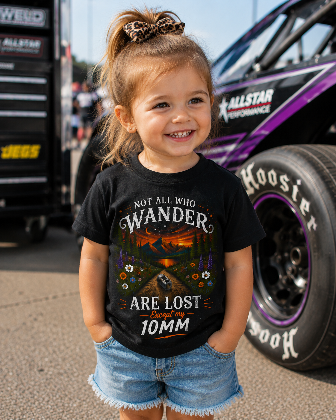Girl wearing funny 10mm socket toddler mechanic T-shirt at a motorsports event