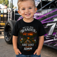 Boy wearing Not All Who Wander Are Lost Except My 10mm toddler racing T-shirt by Car Chix