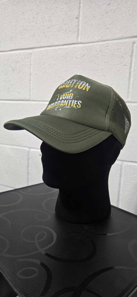 Caution I Void Warranties Foam Trucker Hat - Military Green