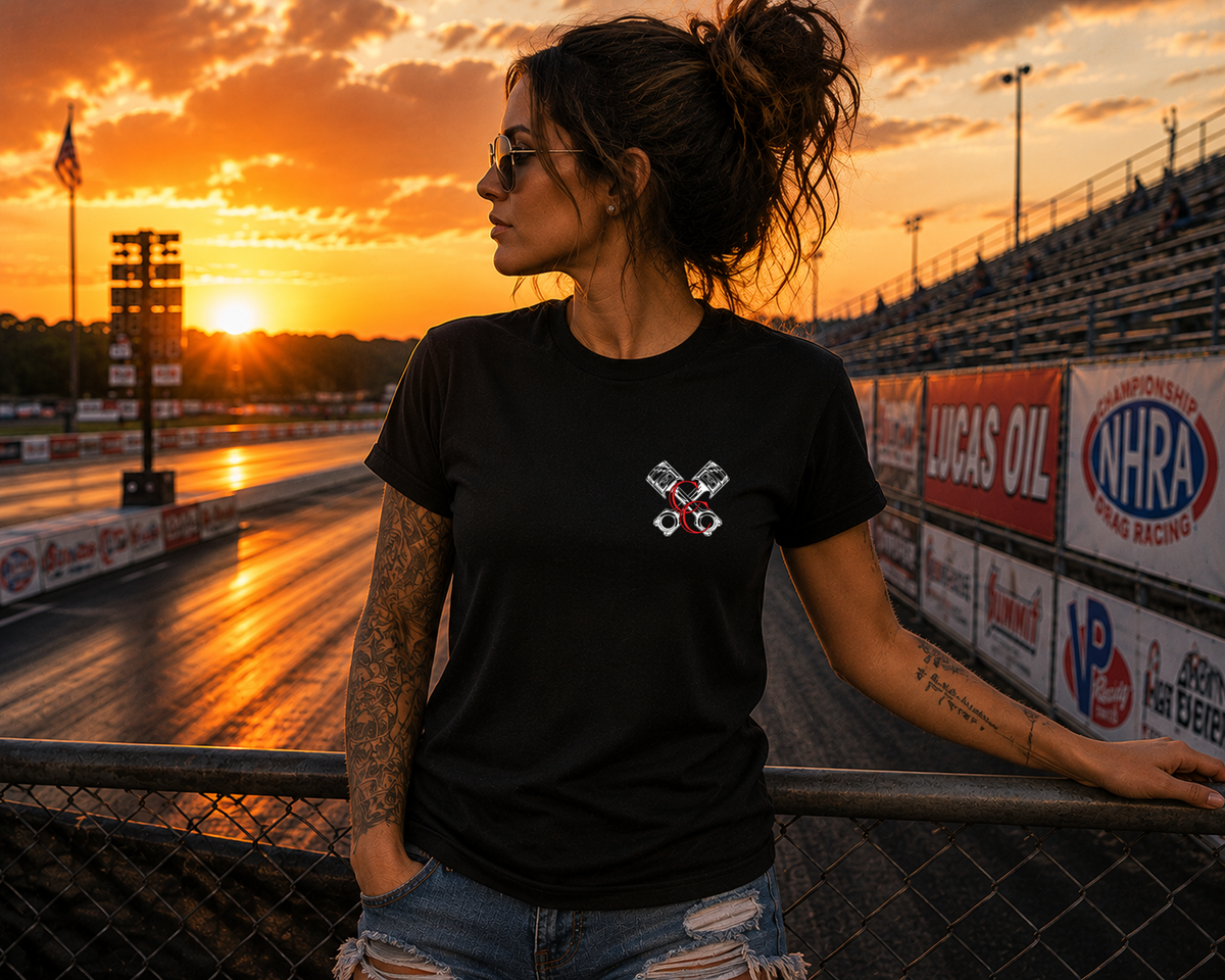 Front view of black Race Cars Burnouts & Freedom T-shirt for women by Car Chix