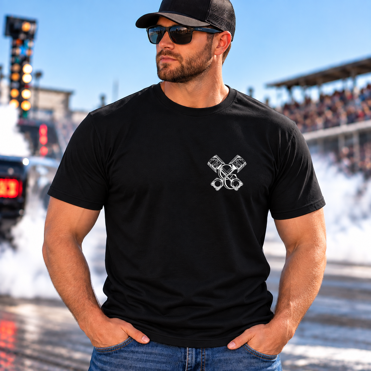 Man wearing Car Chix Shirt with Piston logo on the chest.