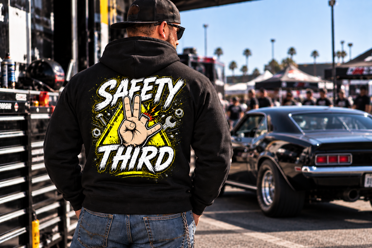 Man wearing black Safety Third hoodie with neon yellow mechanic and racing design by Car Chix
