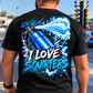 Man wearing black I Love Squirters nitrous racing T-shirt by Car Chix