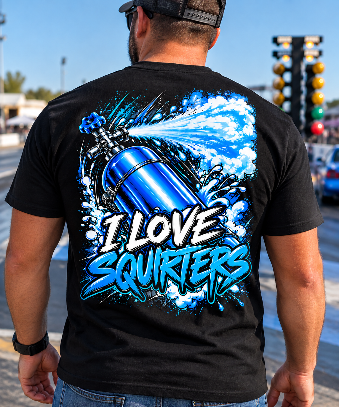 Man wearing black I Love Squirters nitrous racing T-shirt by Car Chix