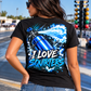 Woman wearing black I Love Squirters nitrous racing T-shirt by Car Chix