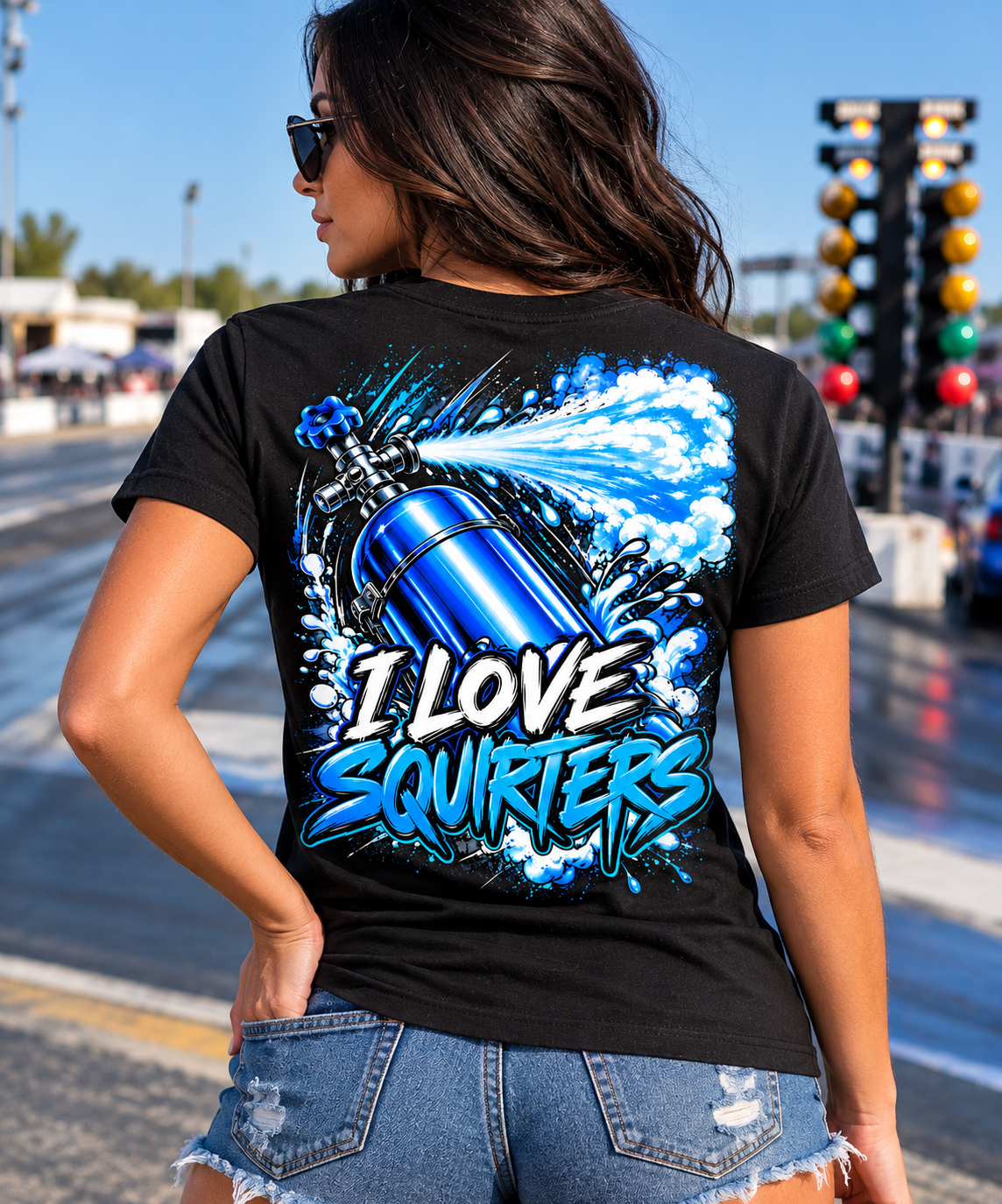 Woman wearing black I Love Squirters nitrous racing T-shirt by Car Chix