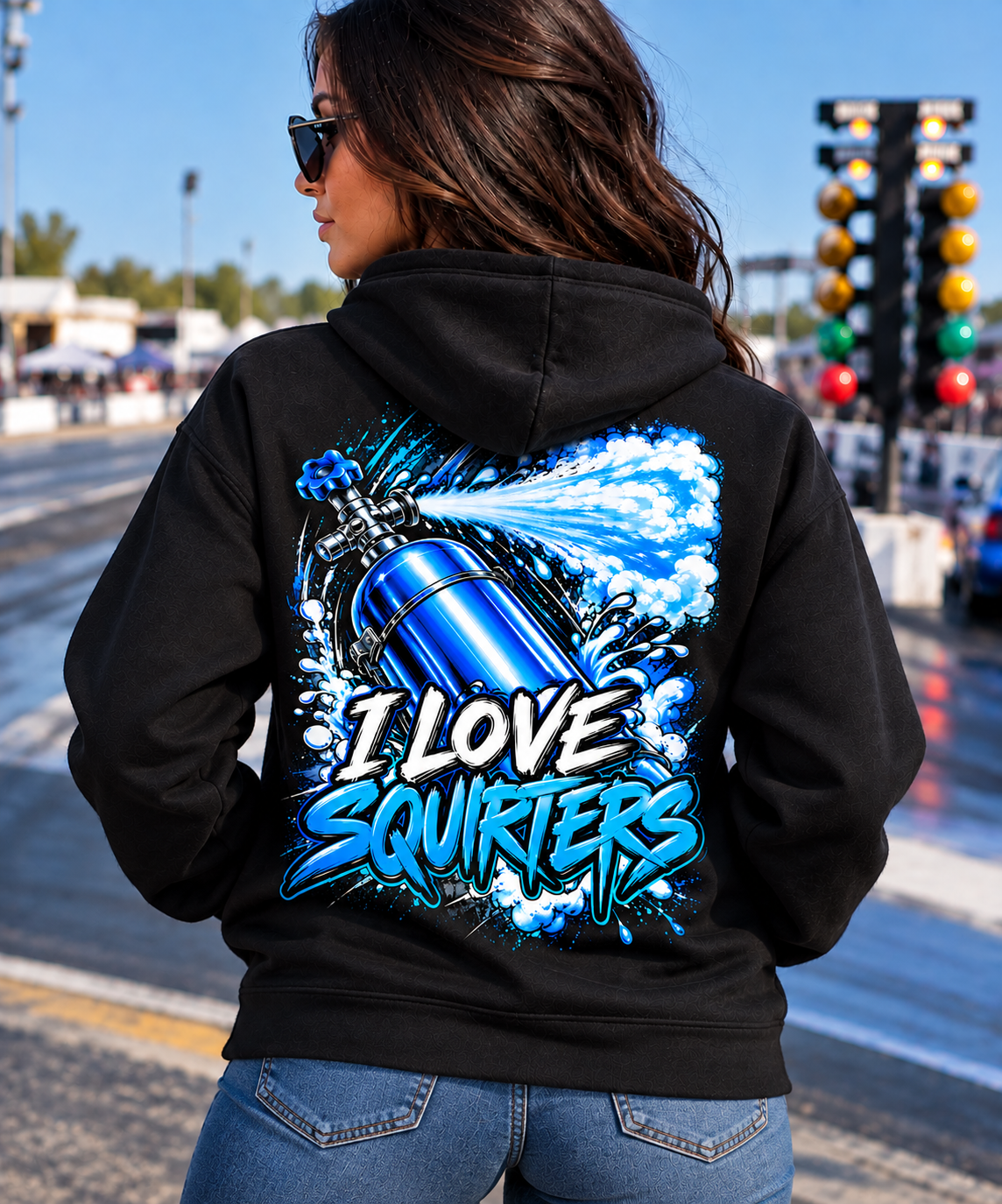 Woman wearing black I Love Squirters nitrous racing hoodie by Car Chix