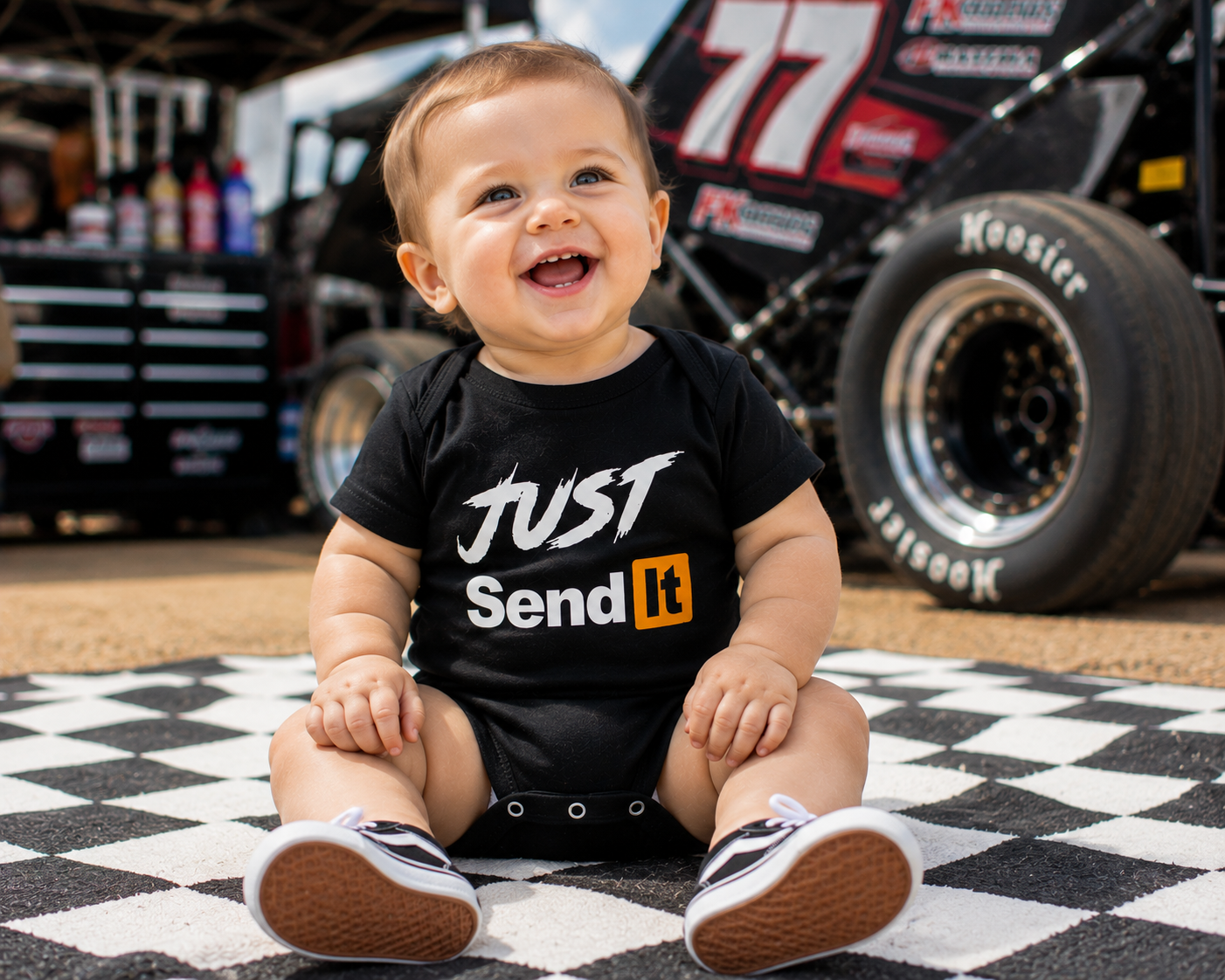 Just Send It black baby racing bodysuit by Car Chix