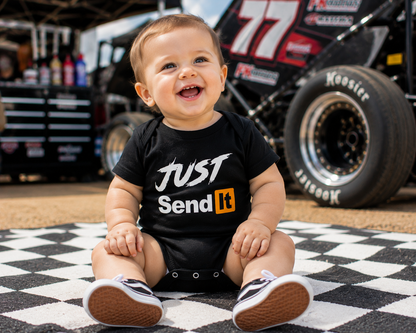 Just Send It black baby racing bodysuit by Car Chix