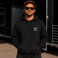 Front of black My Dog & I Talk Sh*t About You hoodie with neon blue Car Chix piston chest logo