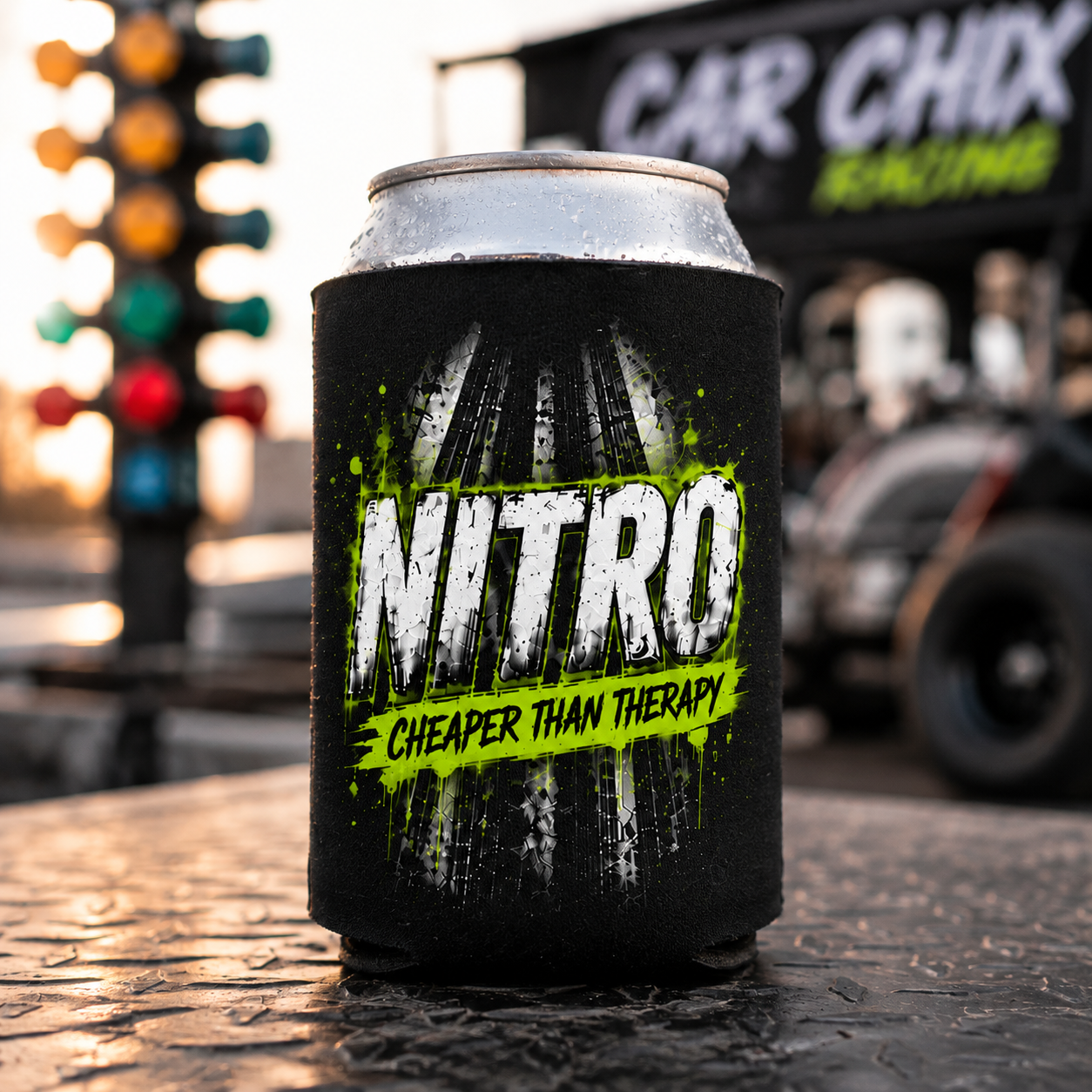 Nitro: Cheaper Than Therapy Can Koozie | Drag Racing Drink Sleeve
