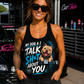 Woman wearing black My Dog & I Talk Sh*t About You racerback tank with neon blue Prodigy design by Car Chix