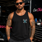 Front of black My Dog & I Talk Sh*t About You men’s tank with neon blue Car Chix piston chest logo