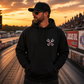 Front view of black Race Cars Burnouts & Freedom unisex hoodie by Car Chix