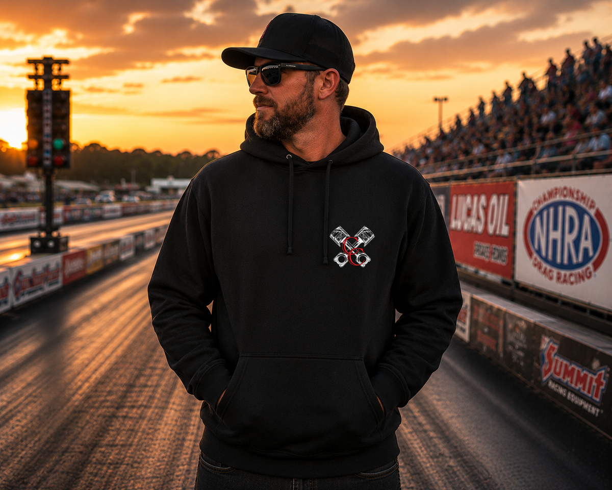 Front view of black Race Cars Burnouts & Freedom unisex hoodie by Car Chix