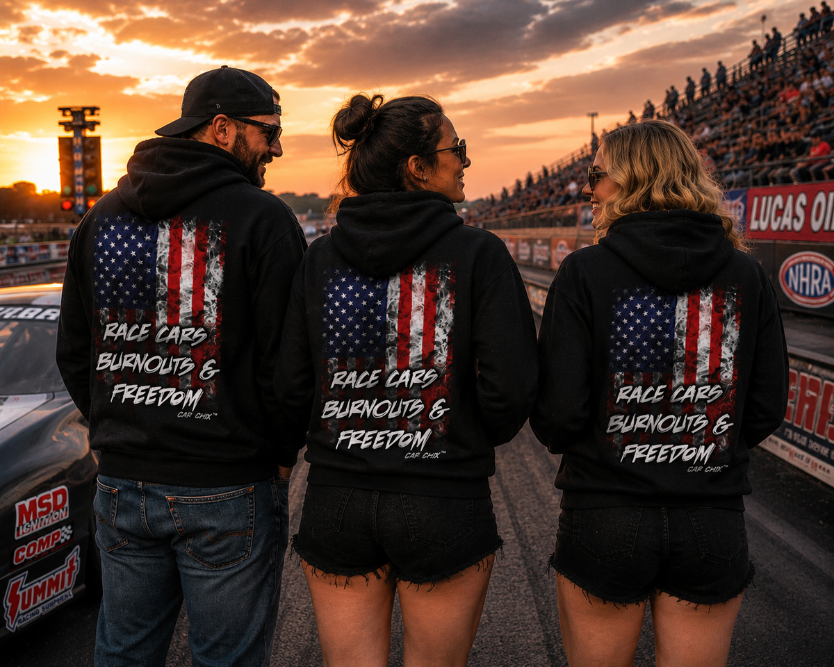 Group wearing black Race Cars Burnouts & Freedom hoodies at a drag racing event by Car Chix