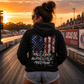 Woman wearing black Race Cars Burnouts & Freedom racing hoodie at sunset by Car Chix