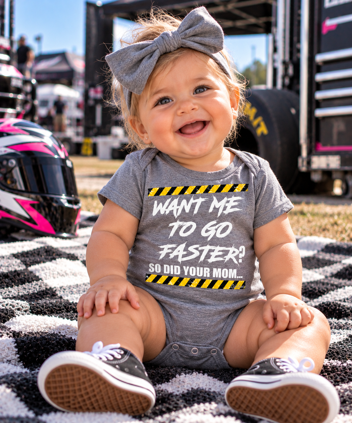 Baby girl wearing grey Want Me to Go Faster So Did Your Mom racing bodysuit by Car Chix