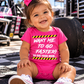 Baby girl wearing pink Want Me to Go Faster So Did Your Mom racing bodysuit by Car Chix