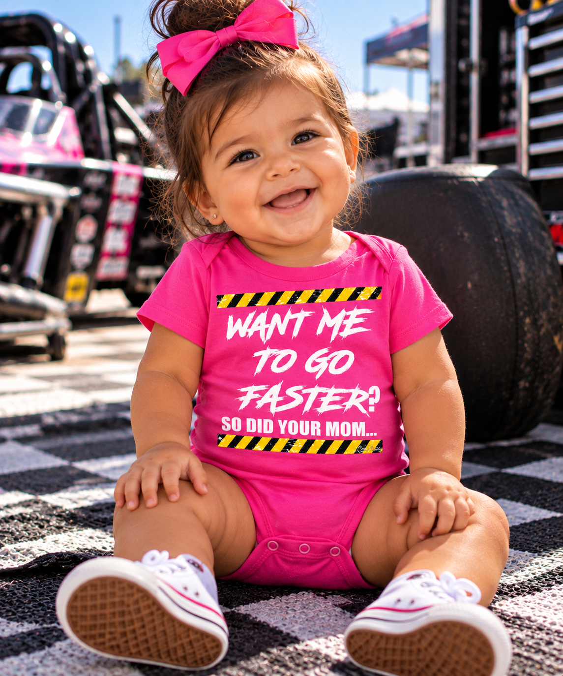 Baby girl wearing pink Want Me to Go Faster So Did Your Mom racing bodysuit by Car Chix