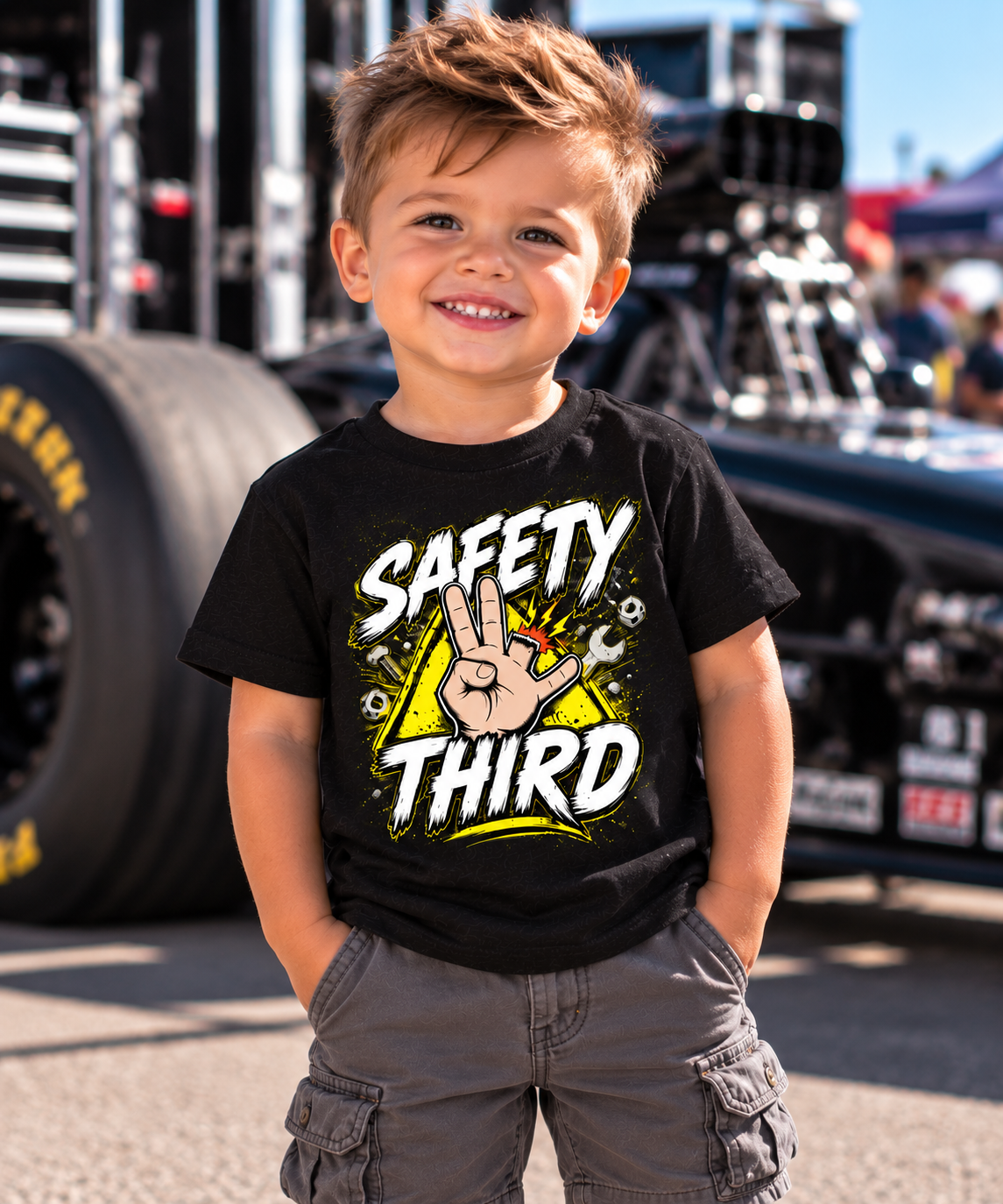 Toddler boy wearing black Safety Third racing T-shirt at the racetrack by Car Chix