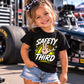 Toddler girl wearing black Safety Third kids racing and mechanic T-shirt by Car Chix