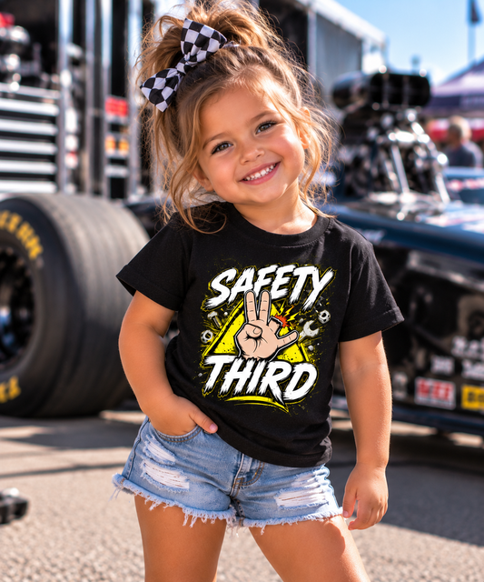 Toddler girl wearing black Safety Third kids racing and mechanic T-shirt by Car Chix