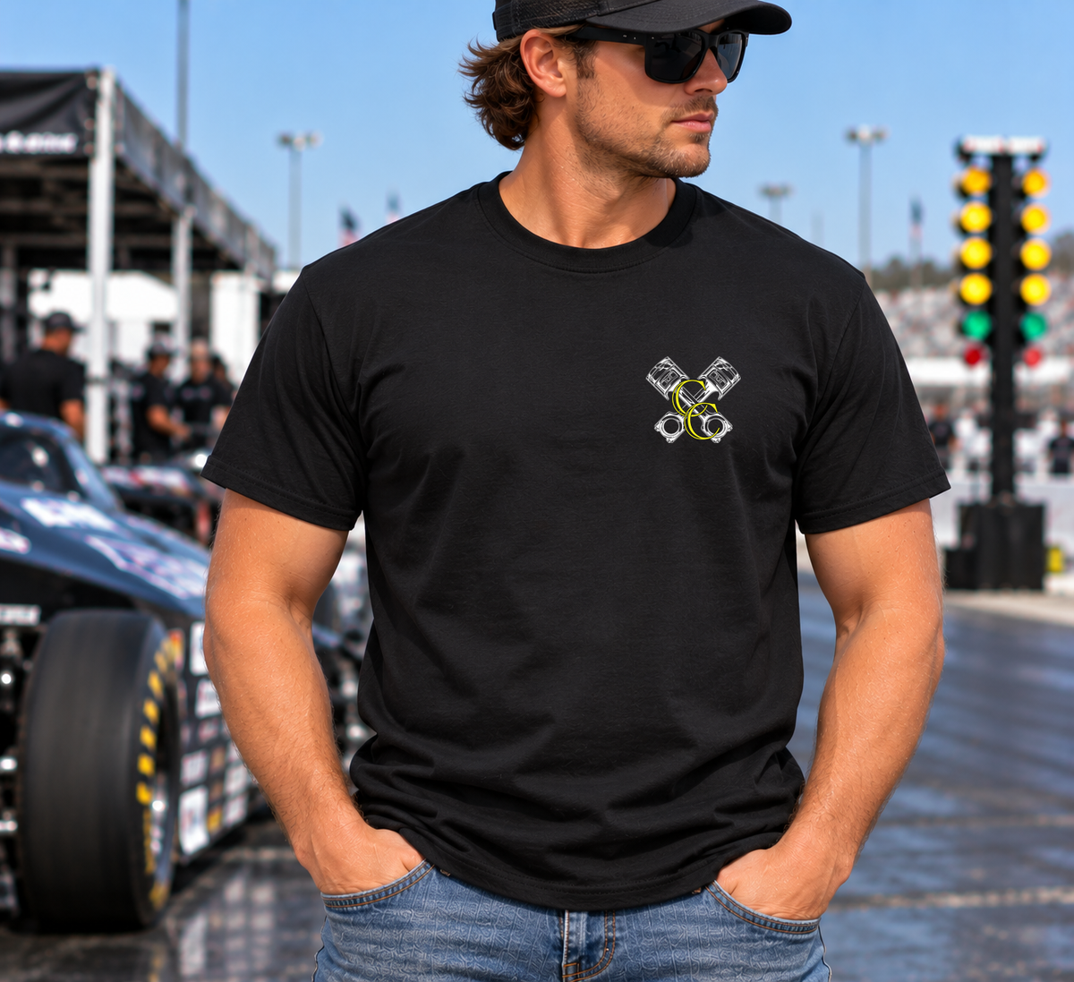 Front view of black Want Me to Go Faster T-shirt with Car Chix left chest logo