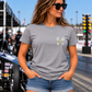 Front view of gray Want Me to Go Faster T-shirt with Car Chix left chest logo