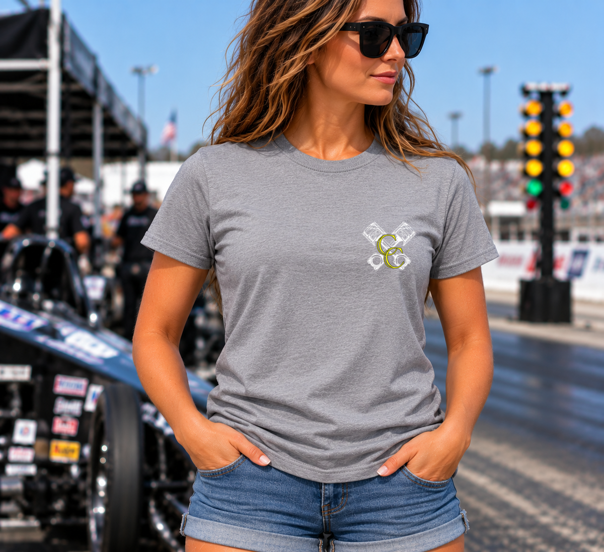 Front view of gray Want Me to Go Faster T-shirt with Car Chix left chest logo