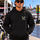 Front view of man wearing black Want Me to Go Faster racing hoodie with Car Chix left chest logo