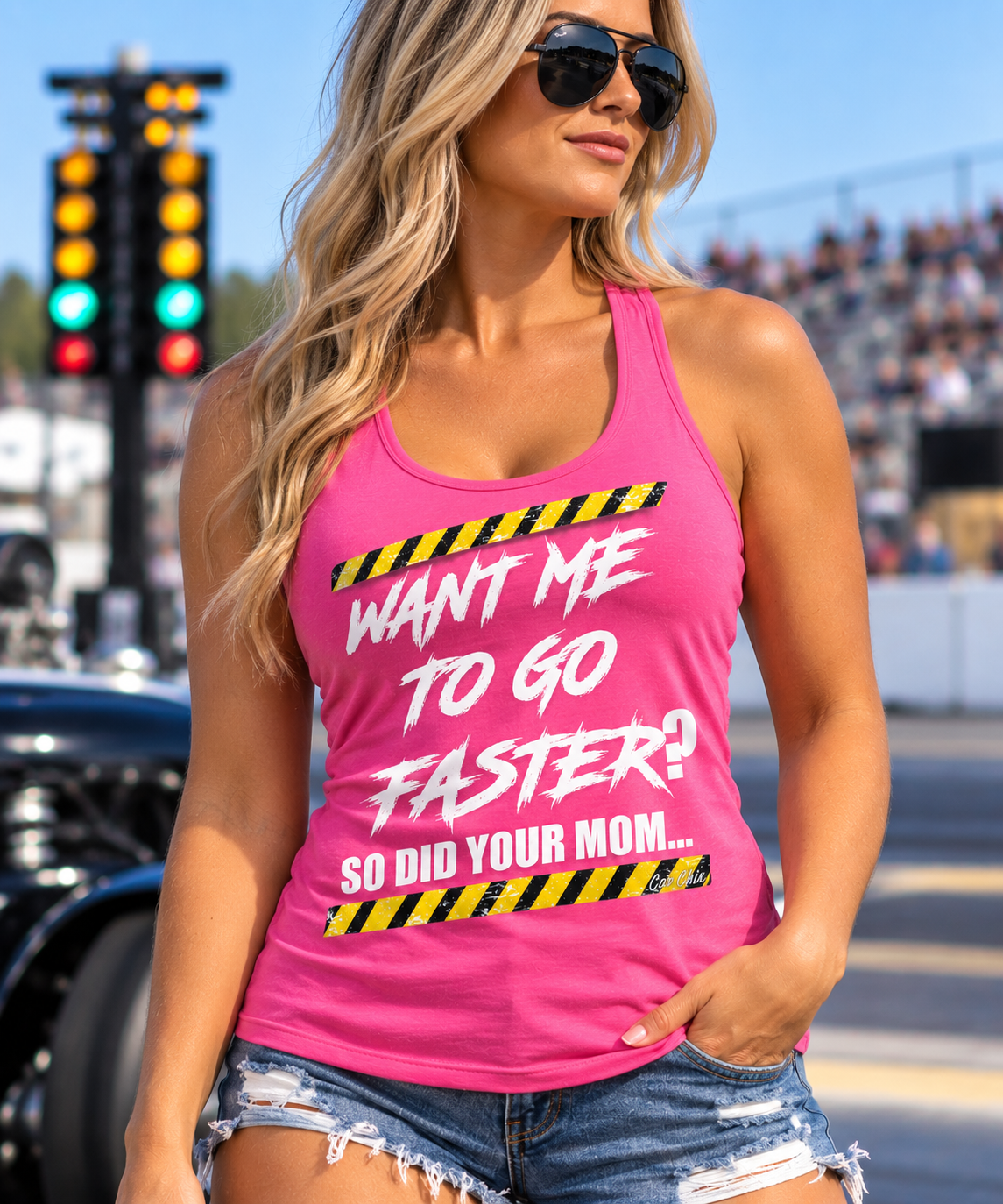 Woman wearing pink Want Me to Go Faster So Did Your Mom racerback tank top by Car Chix