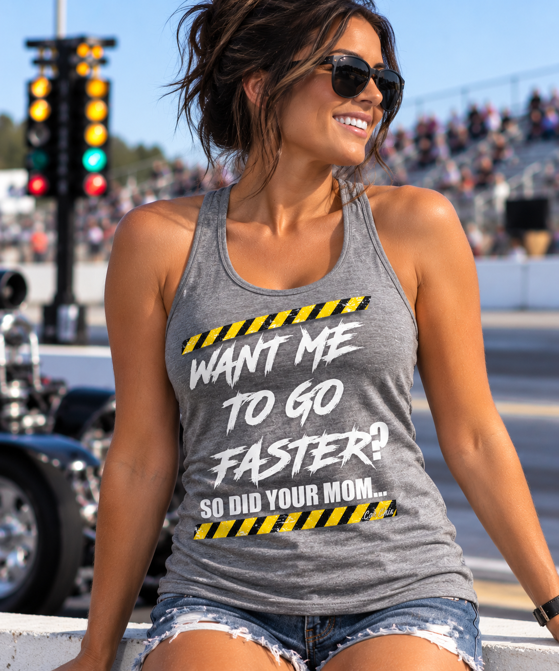 Woman wearing grey Want Me to Go Faster So Did Your Mom racerback tank top by Car Chix