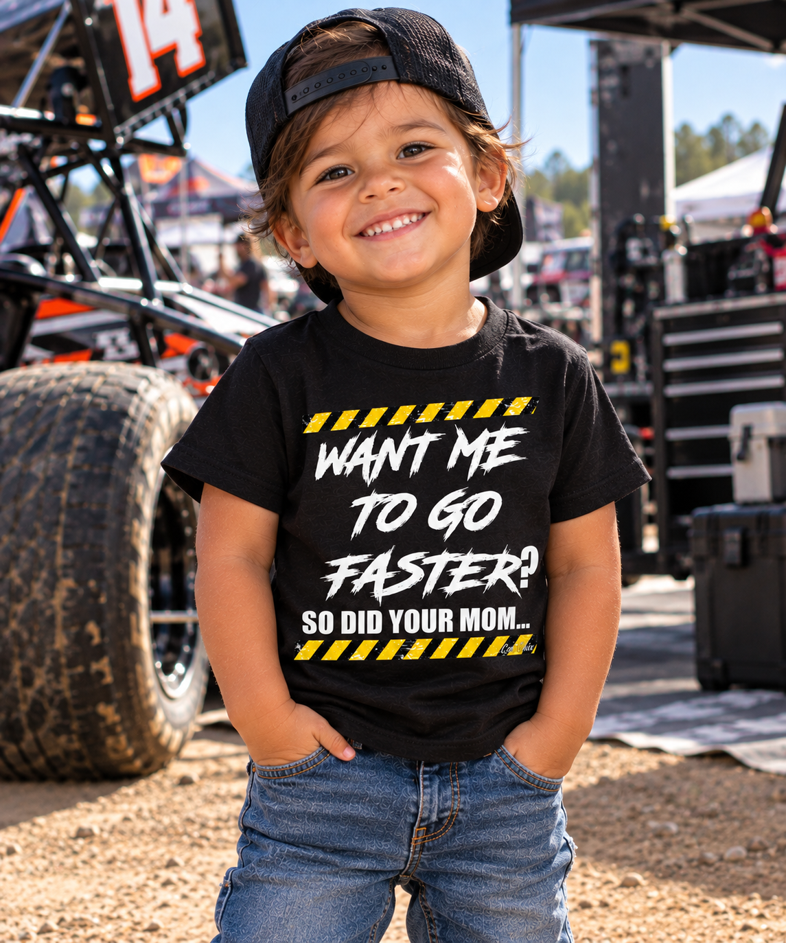 Toddler boy wearing black Want Me to Go Faster So Did Your Mom racing T-shirt by Car Chix