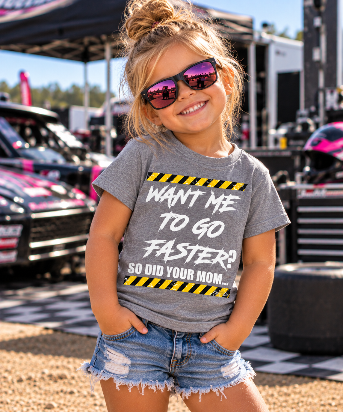 Toddler girl wearing grey Want Me to Go Faster So Did Your Mom racing T-shirt by Car Chix