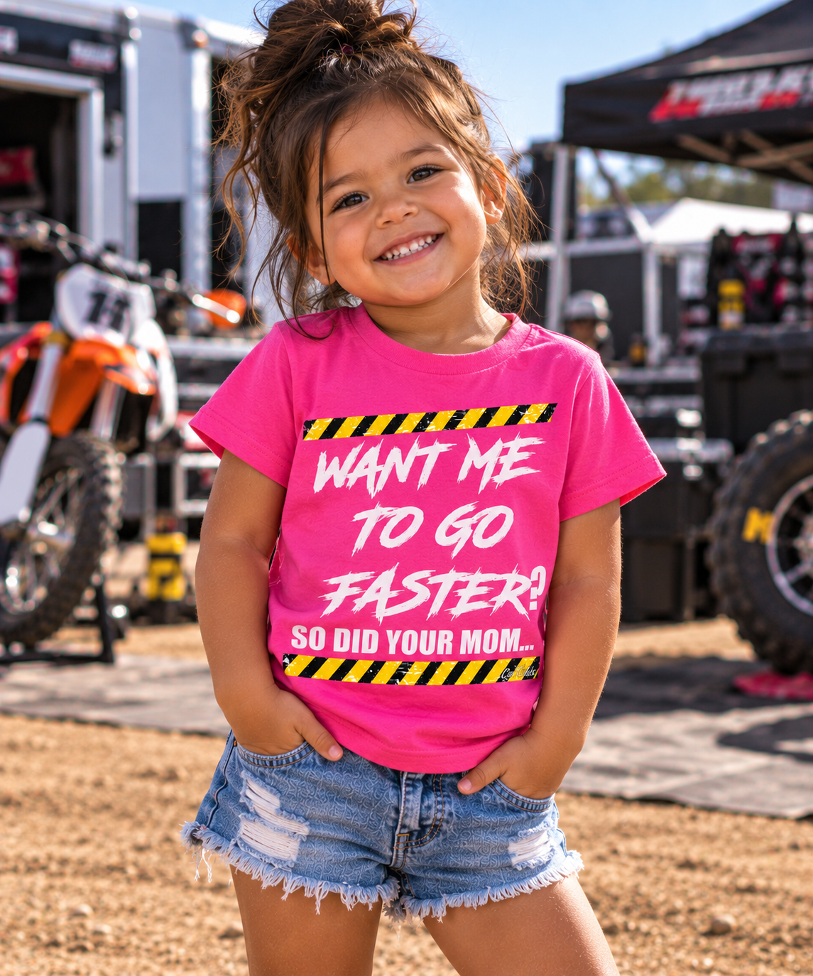 Toddler girl wearing pink Want Me to Go Faster So Did Your Mom racing T-shirt by Car Chix