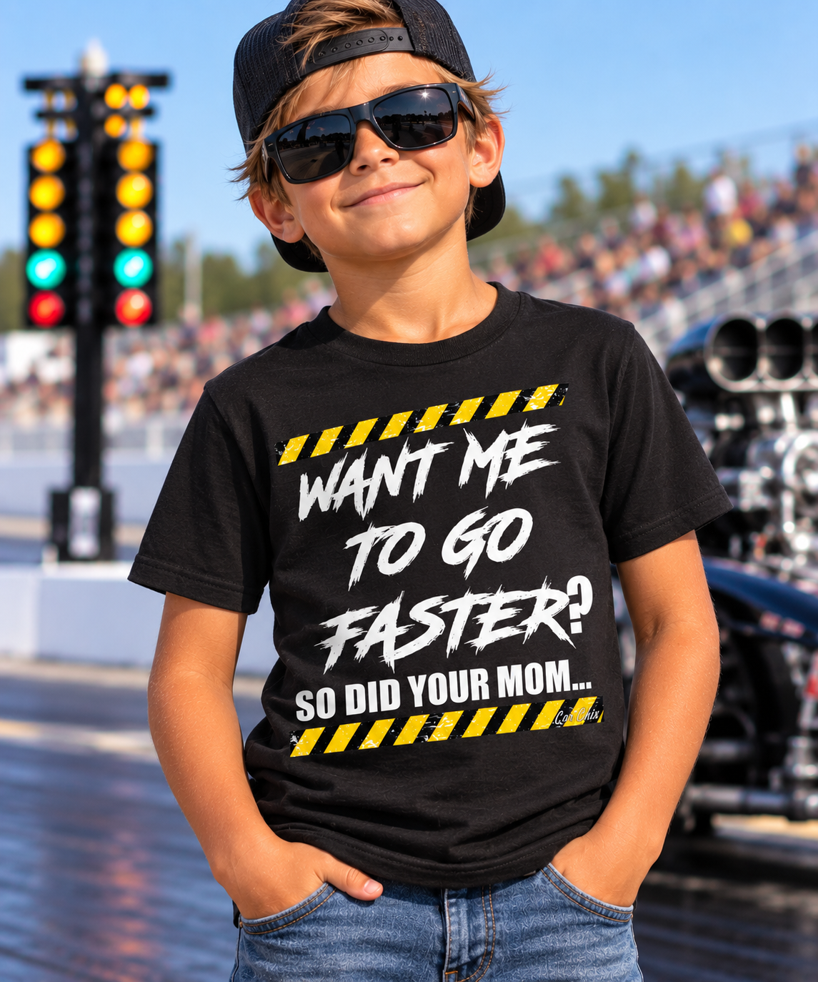 Boy wearing black Want Me to Go Faster So Did Your Mom youth racing T-shirt by Car Chix