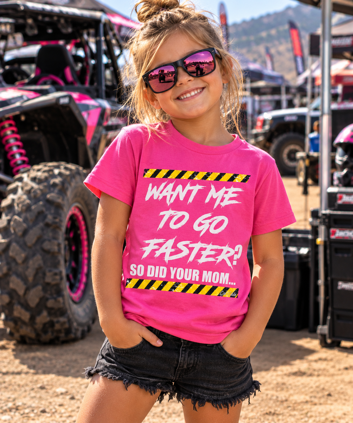 Girl wearing pink Want Me to Go Faster So Did Your Mom youth racing T-shirt by Car Chix