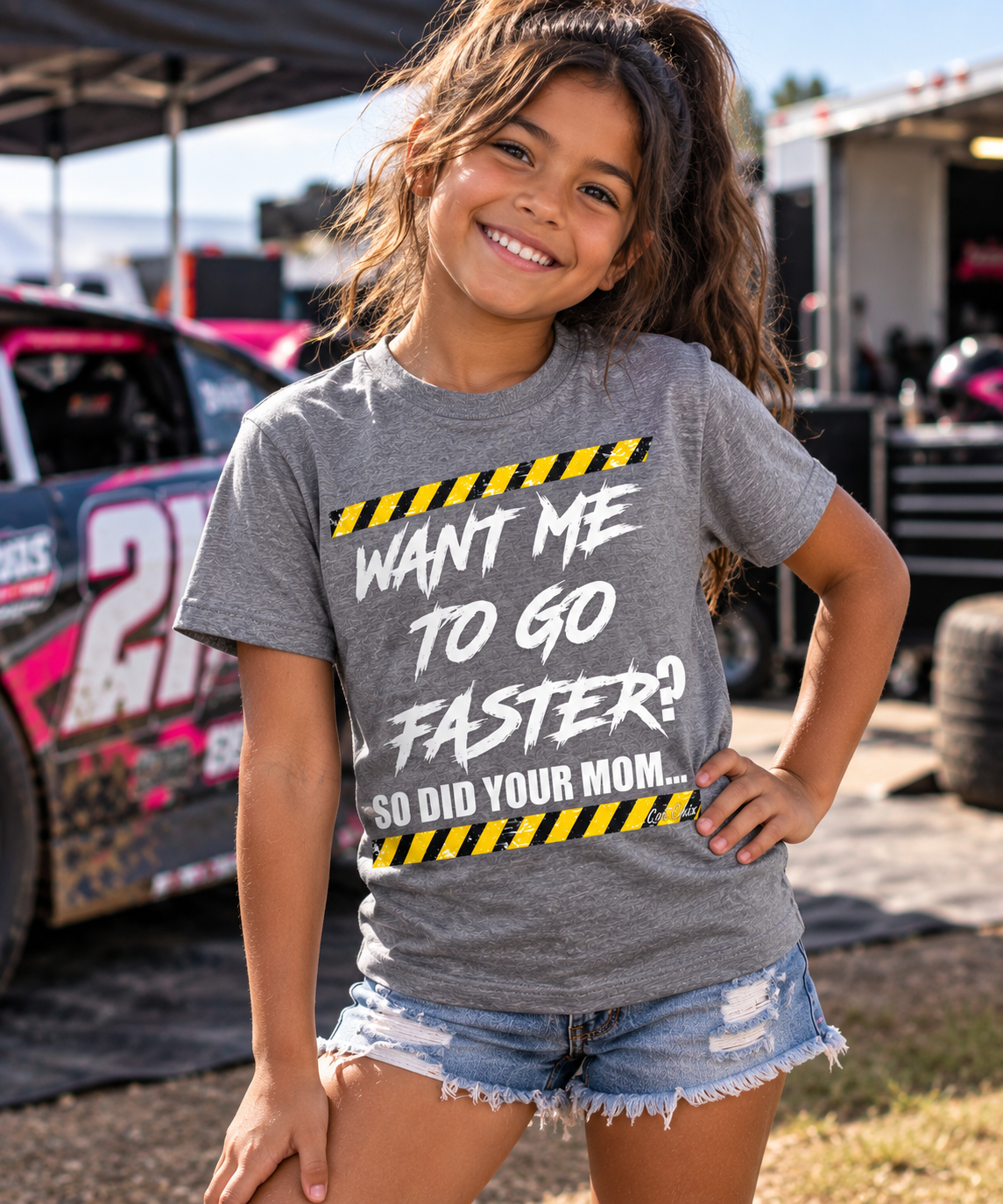 Girl wearing grey Want Me to Go Faster So Did Your Mom youth racing T-shirt by Car Chix