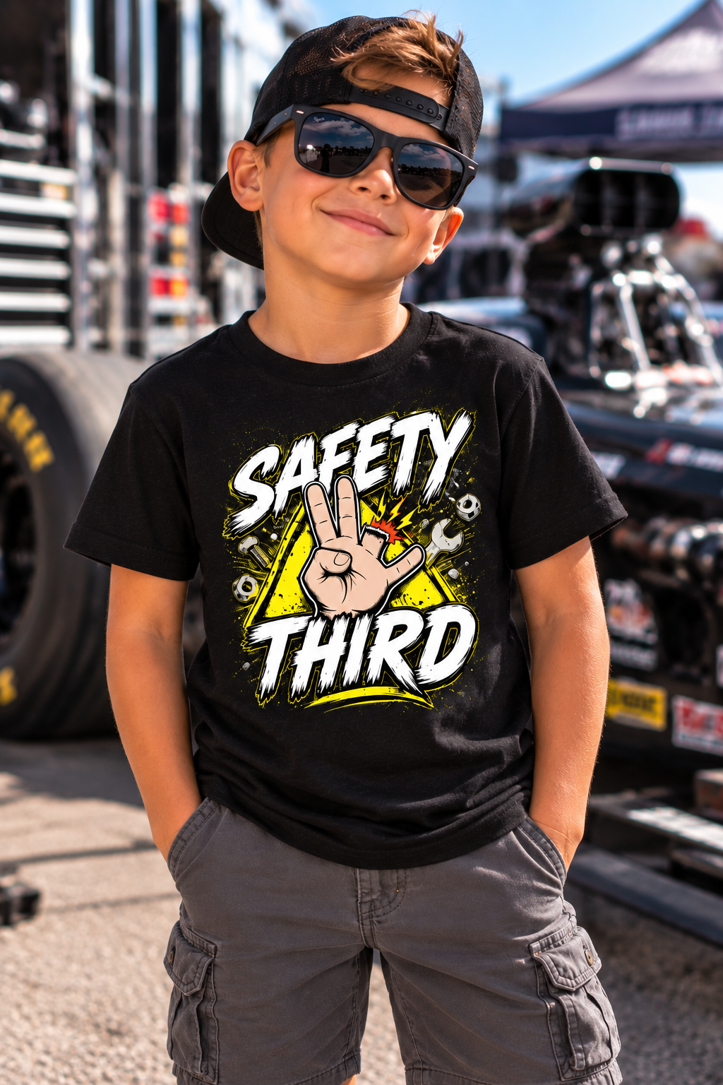 Boy wearing black Safety Third youth T-shirt at a motorsports event by Car Chix