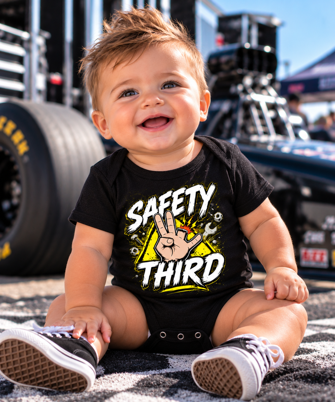 Baby boy wearing black Safety Third racing bodysuit at the racetrack by Car Chix