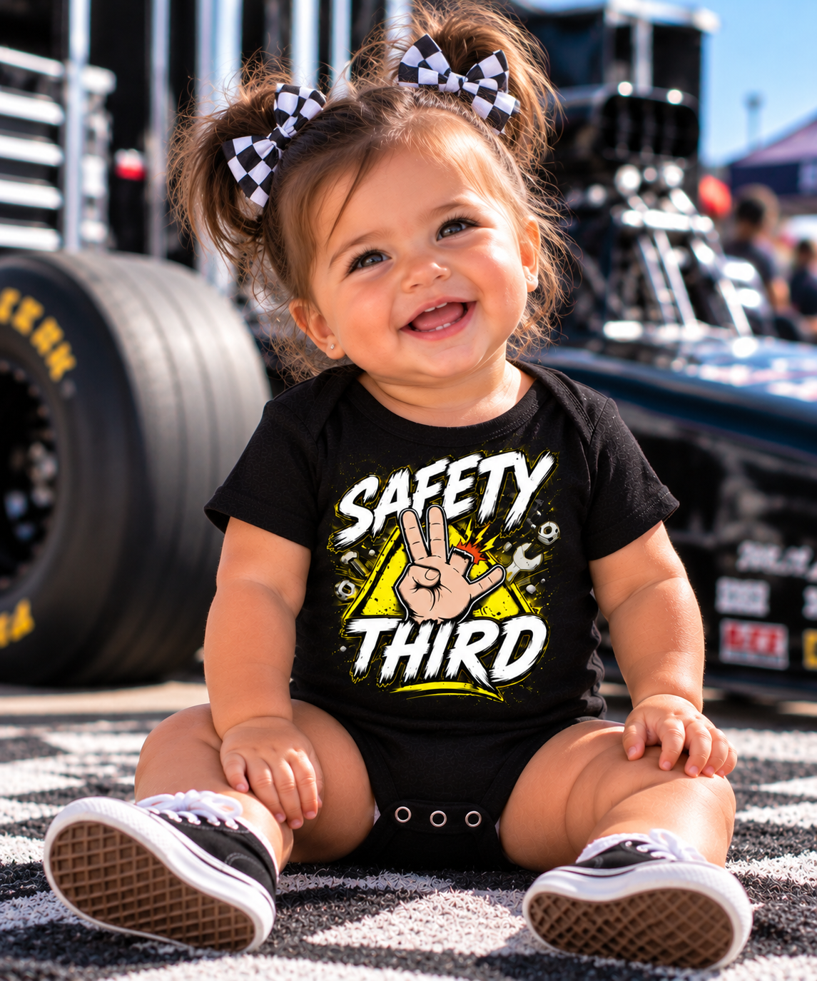 Baby girl wearing black Safety Third racing and mechanic bodysuit by Car Chix