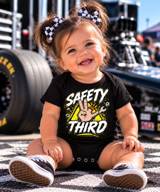 Baby girl wearing black Safety Third racing and mechanic bodysuit by Car Chix