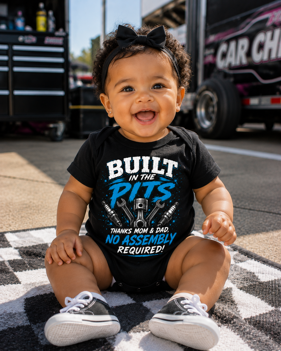 Baby girl wearing Built in the Pits Thanks Mom and Dad infant racing bodysuit at the racetrack