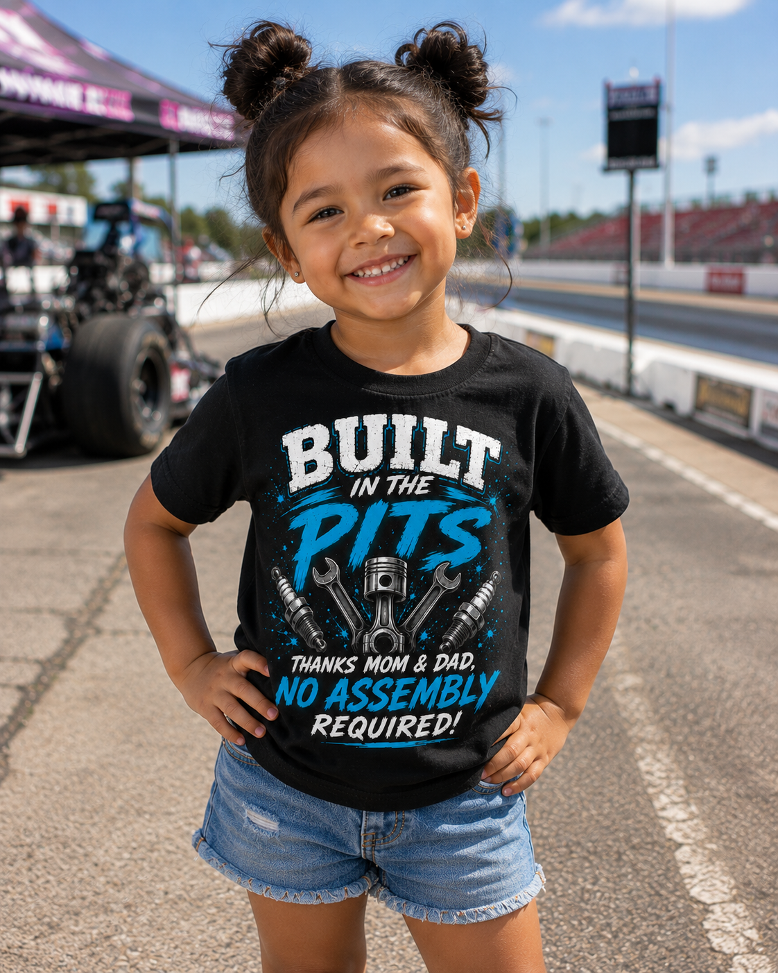 Toddler girl wearing Built in the Pits Thanks Mom and Dad kids racing tee at the racetrack