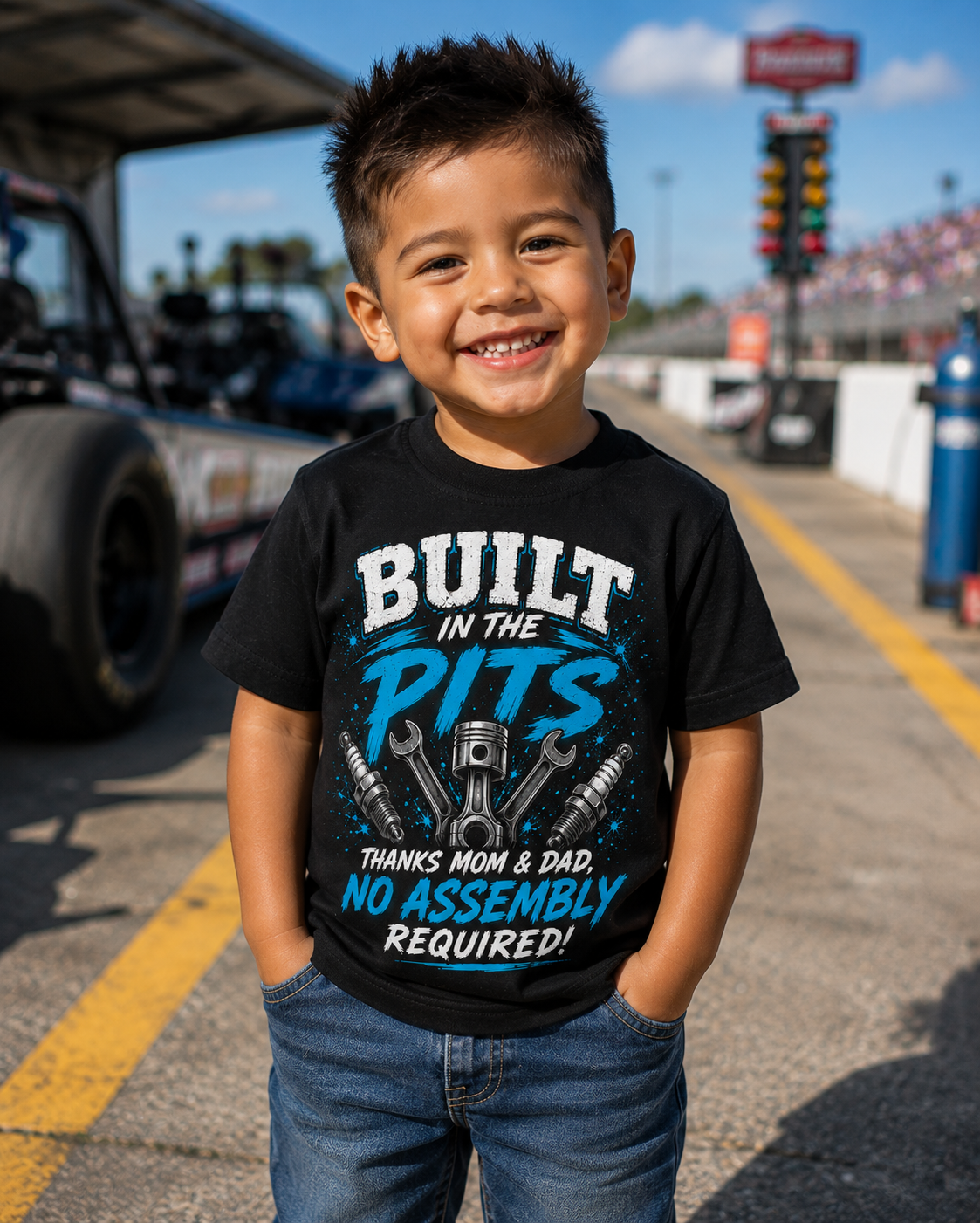 Toddler boy wearing Built in the Pits Thanks Mom and Dad racing T-shirt at a drag strip