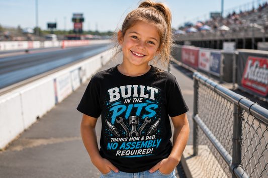 Girl wearing Built in the Pits Thanks Mom and Dad kids racing tee at a drag strip