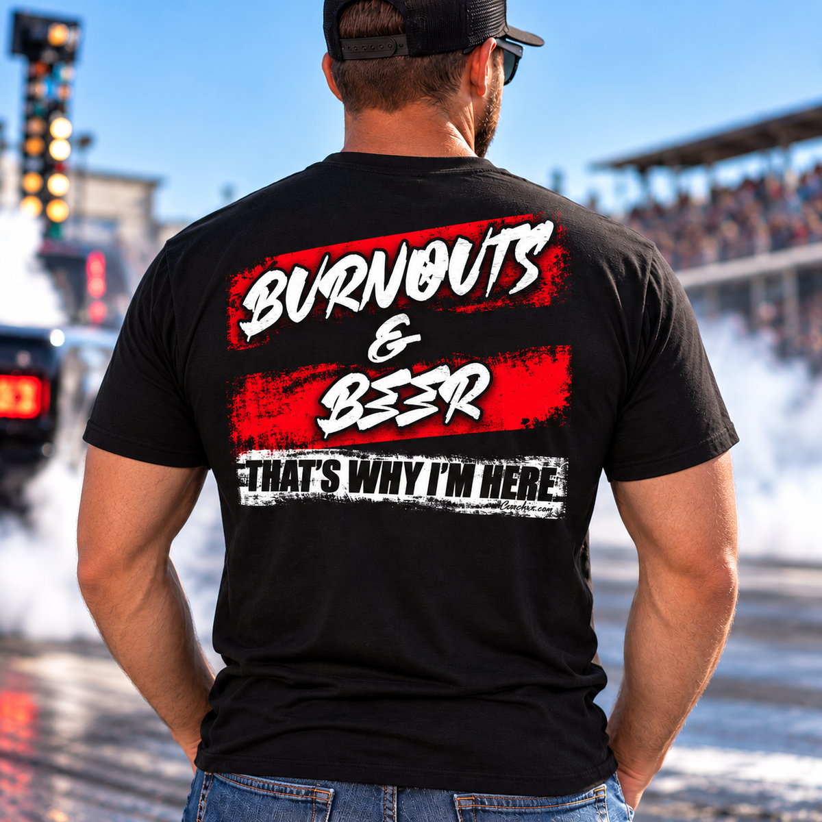 Man wearing black Burnouts and Beer That's Why I'm Here racing T-shirt by Car Chix